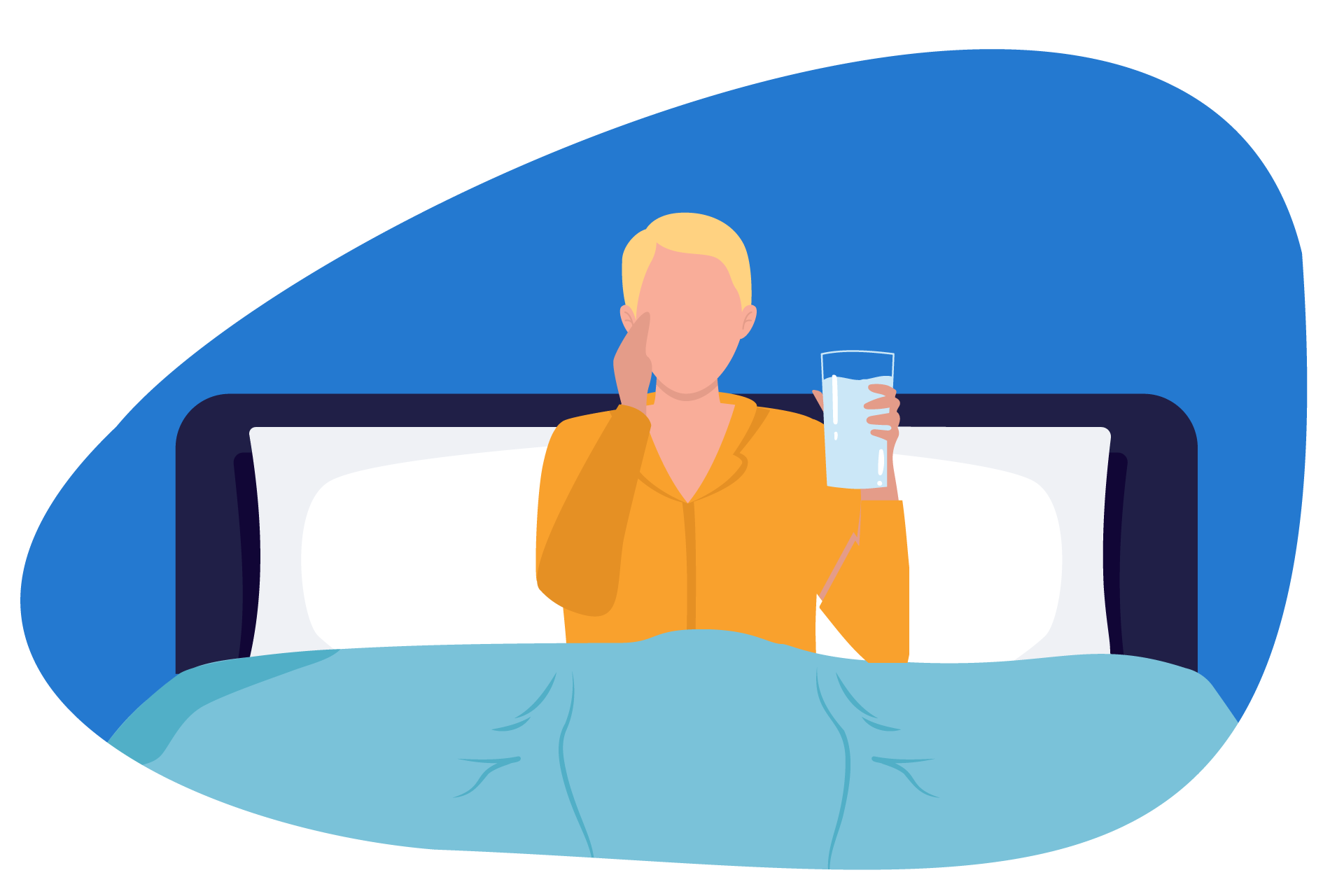 Ilustração de pessoa na cama com dor de dente e copo de água na mão